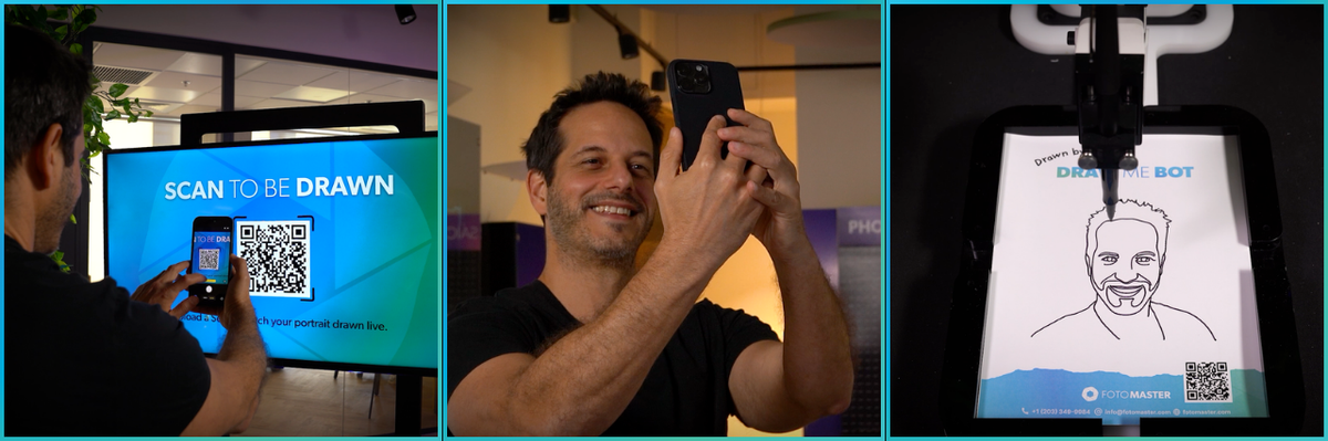 Guest scans a QR code, takes a phone selfie and receives a Draw Me Bot portrait