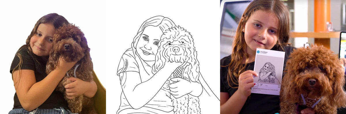 Side-by-side comparison of a guest with a dog and the AI-generated sketch created with DMBot V1