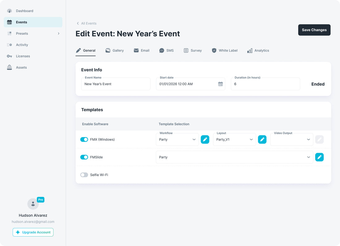 Creating an event in Foto Master Cloud, devices, templates, branding, sharing and live analytics