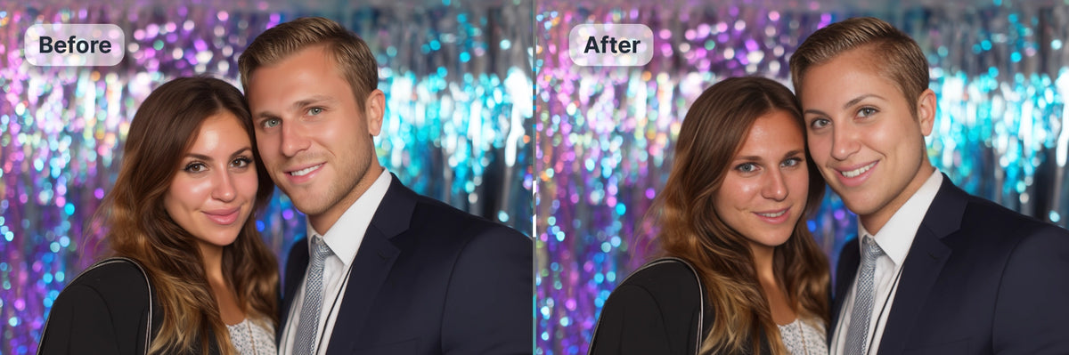 Couple portrait before and after an AI Face Switch transformation