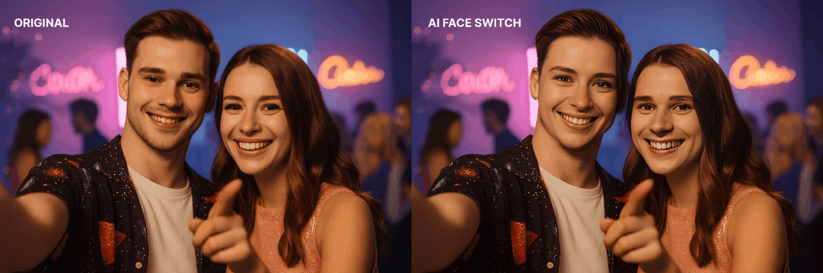 Couple selfie before and after AI Face Switch swaps their faces