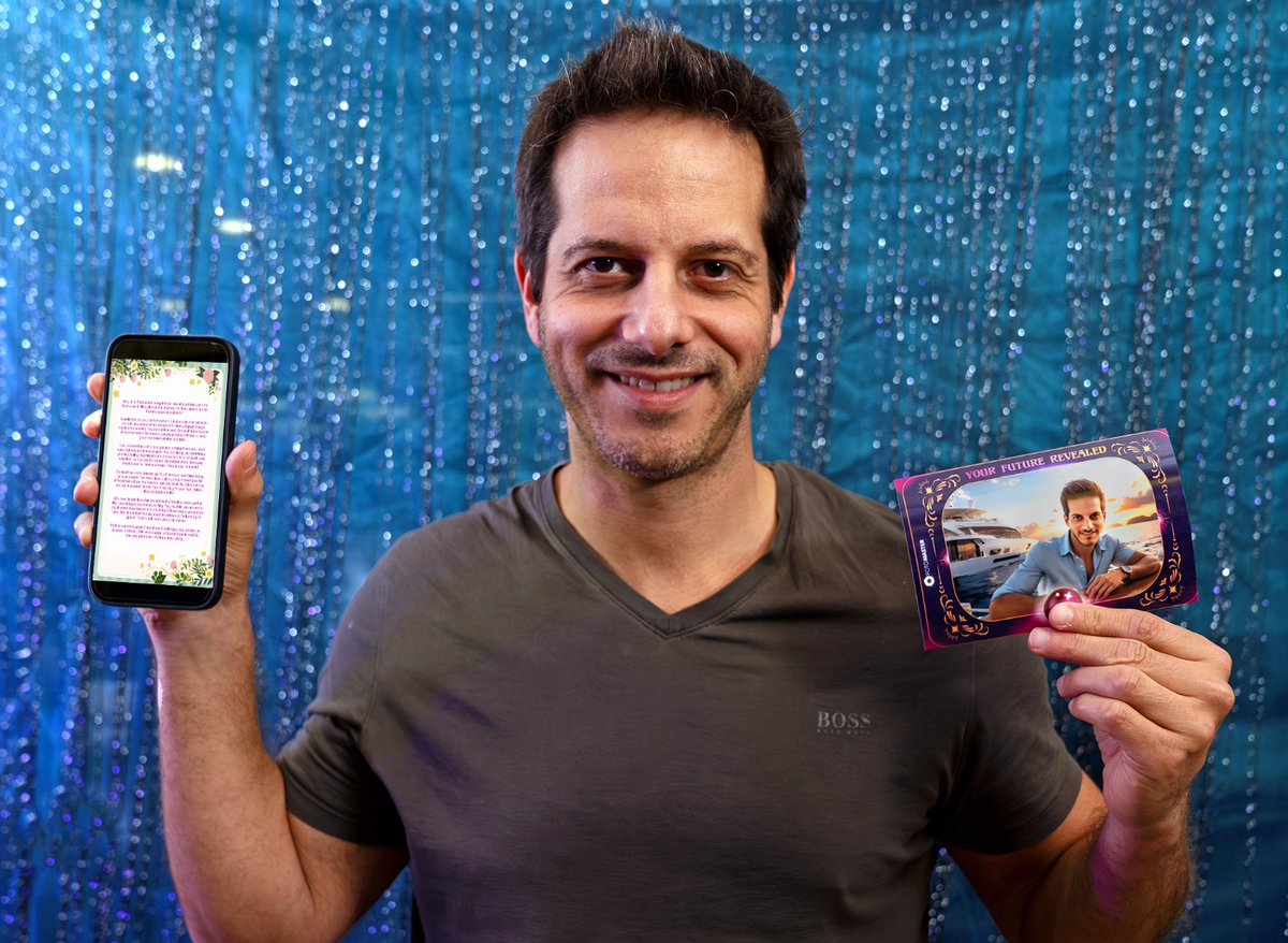 Guest showing a digital fortune on a phone and a printed Fortuna AI portrait
