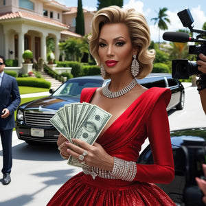Woman in red dress holding money, surrounded by cameras and luxury cars.