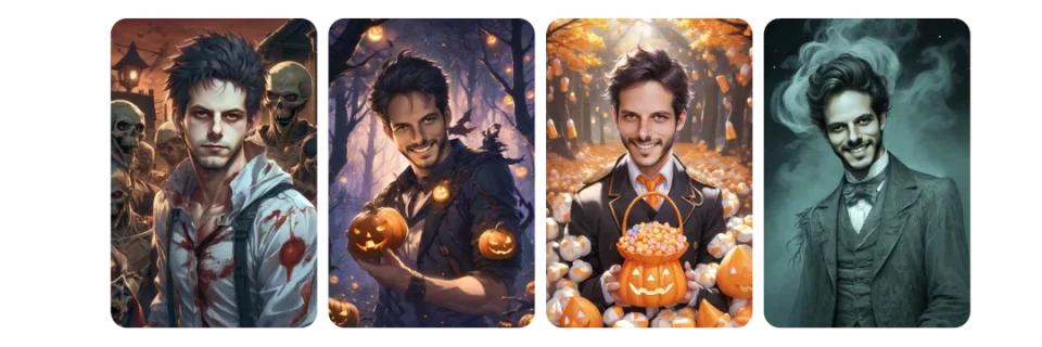 Guest portraits transformed into four Halloween characters with AI photo effects