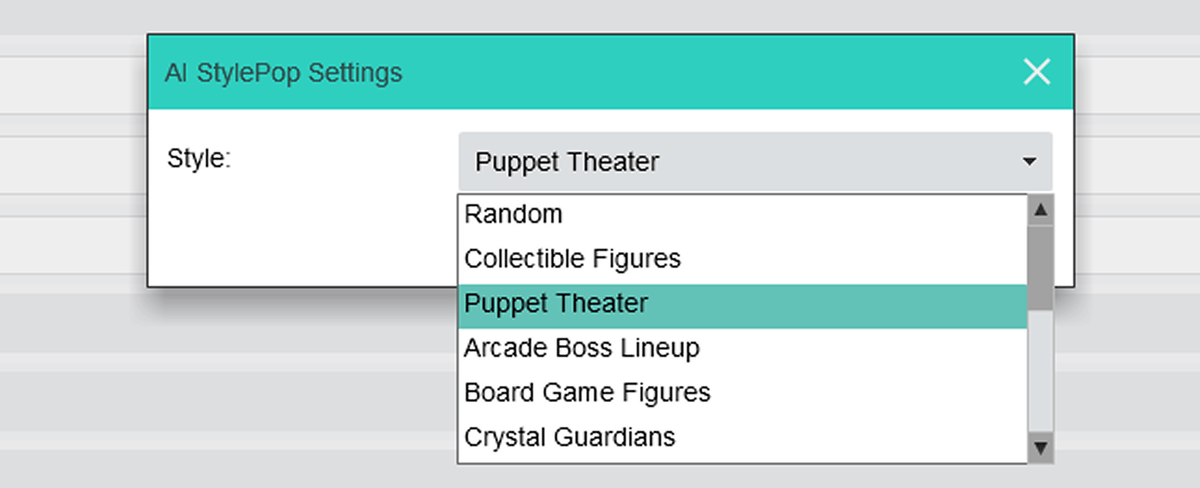 AI Style Pop settings with collectible figures, puppets and arcade styles