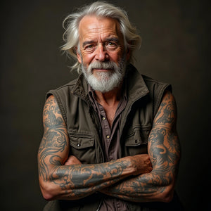 Elderly man with tattoos, gray hair, and beard, arms crossed, wearing a vest.
