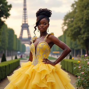 Woman in yellow gown posing near Eiffel Tower.