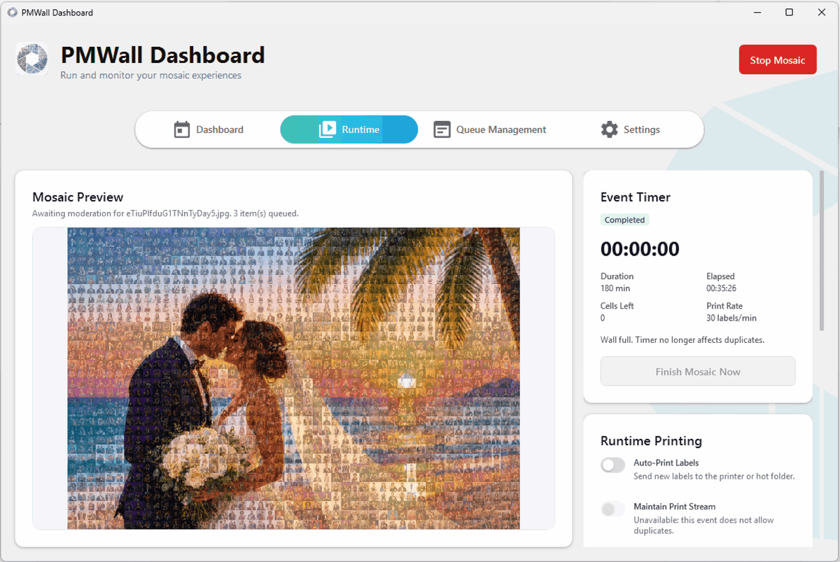 A completed photo mosaic in the PMWall runtime dashboard