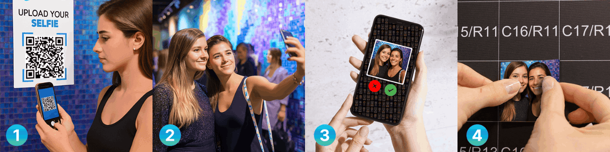 Guests scan a QR code, upload selfies and add photos to a live mosaic wall