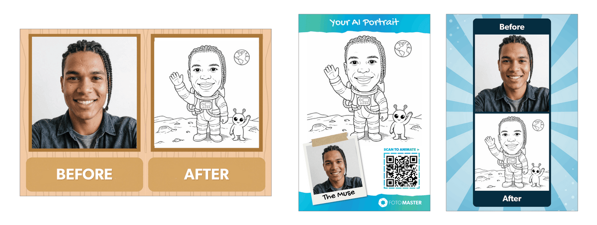 FMPrint layouts combining a guest photo and Draw Me Bot portrait with event branding