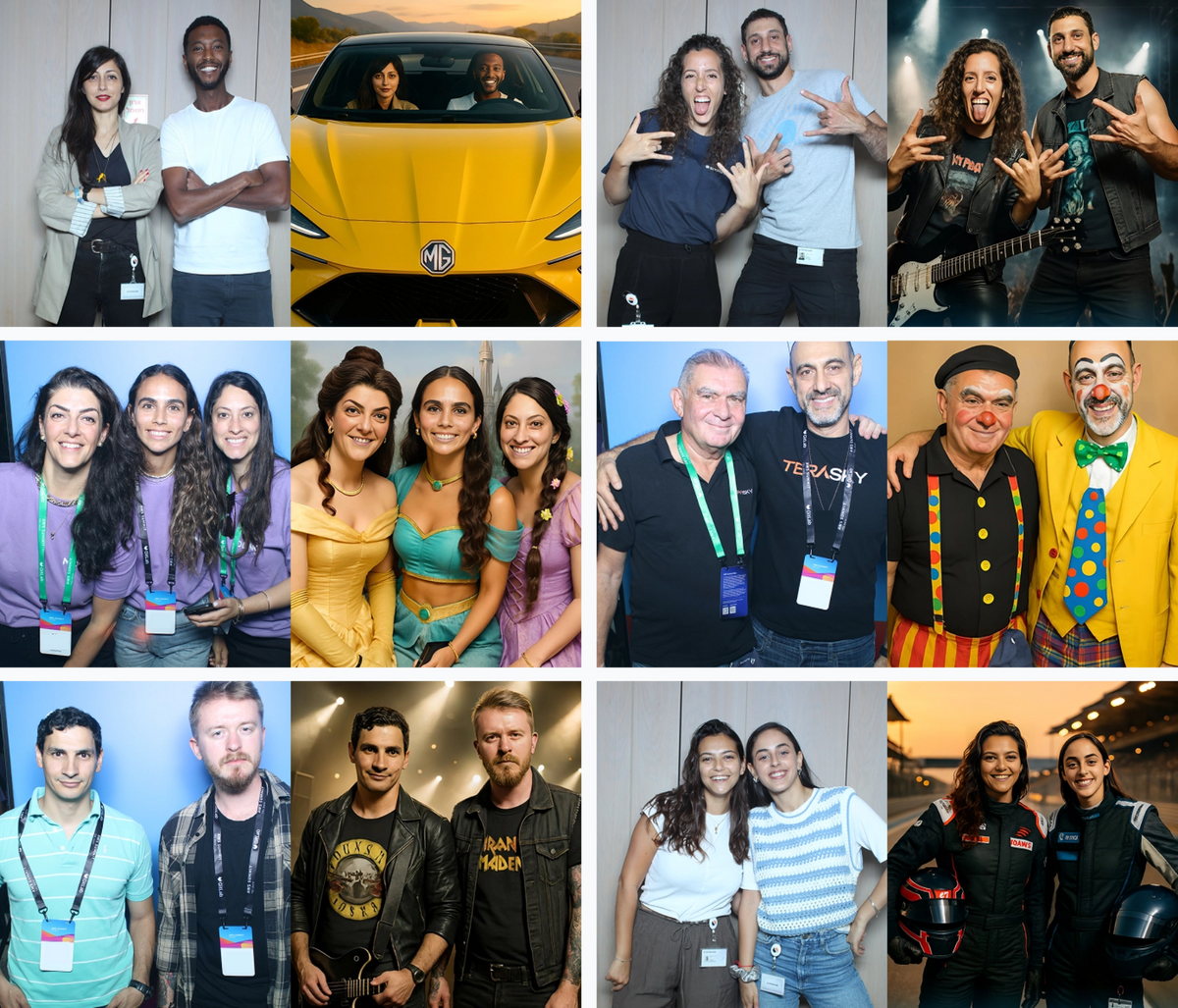 Original group photos and Elite AI transformations from real events