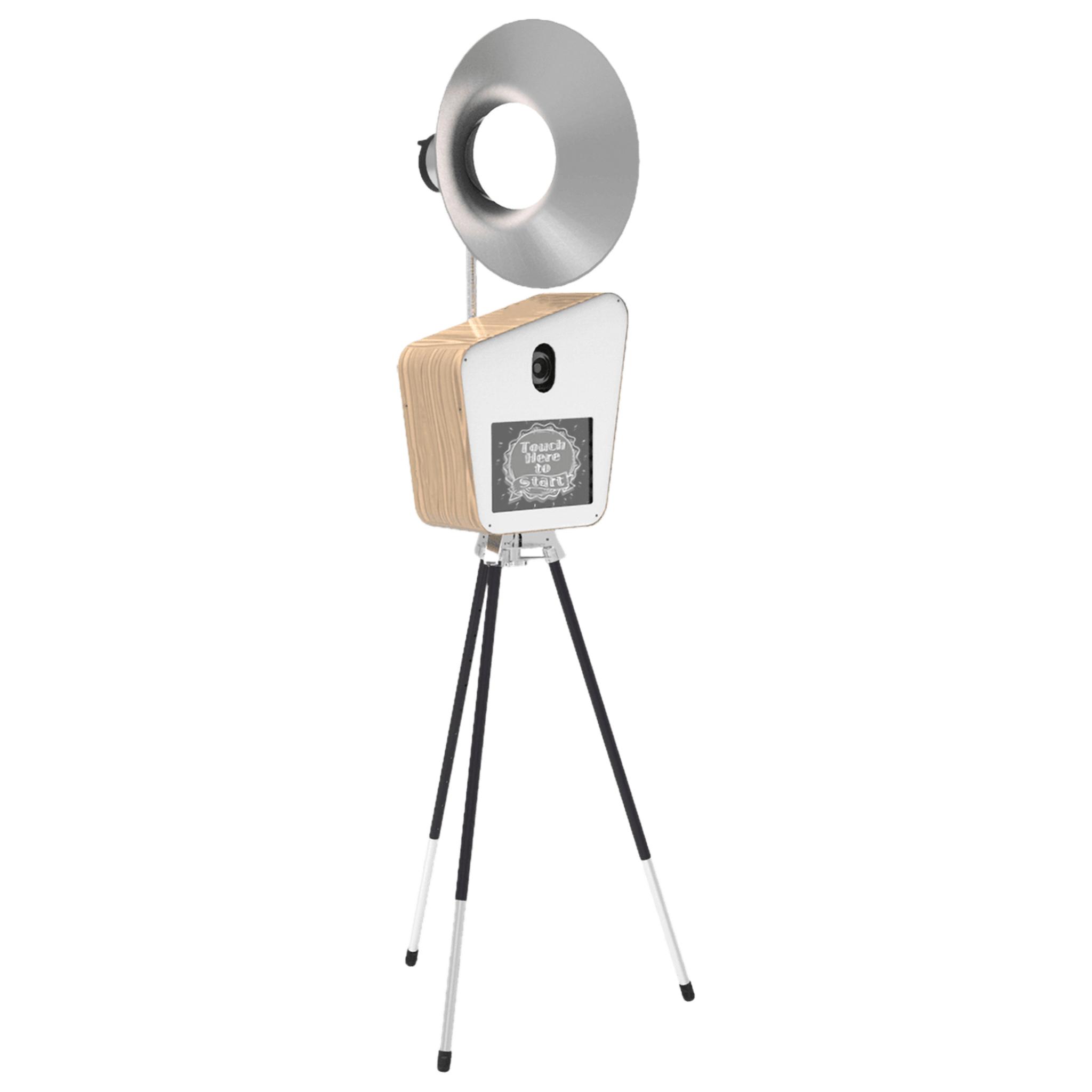 Vintage-inspired Retro Photo Booth on a tripod, featuring a wooden casing and a classic camera design with a ring light.