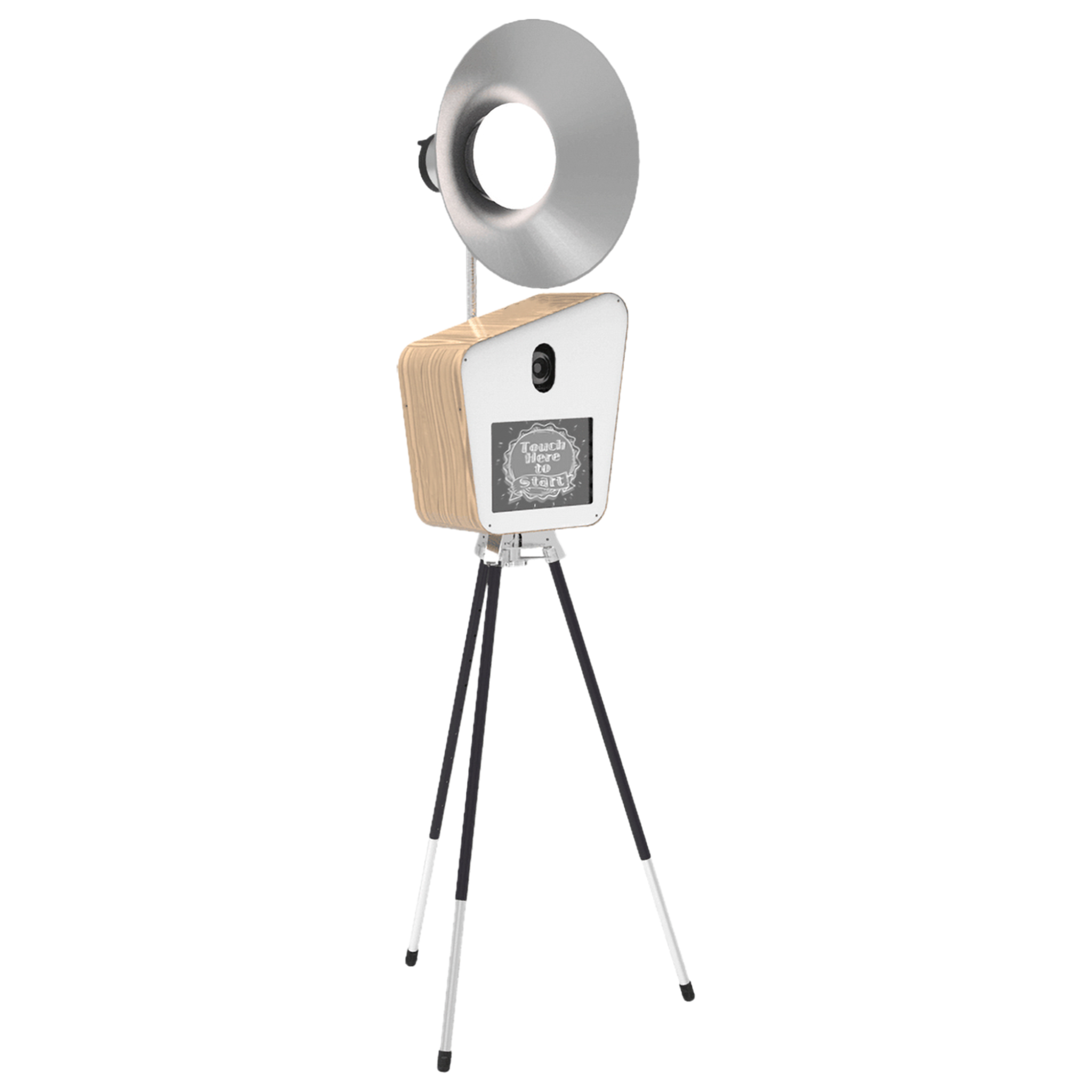 Vintage-inspired Retro Photo Booth on a tripod, featuring a wooden casing and a classic camera design with a ring light.