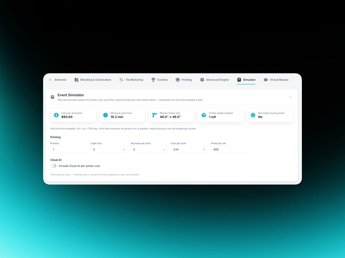 PMWall Event Simulator showing mosaic size, print time and material estimates