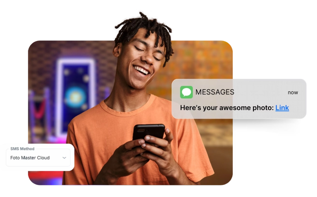 Guest receiving a photo gallery link by text message through Foto Master Cloud