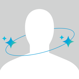Silhouette with blue stars and orbiting line on gray background.