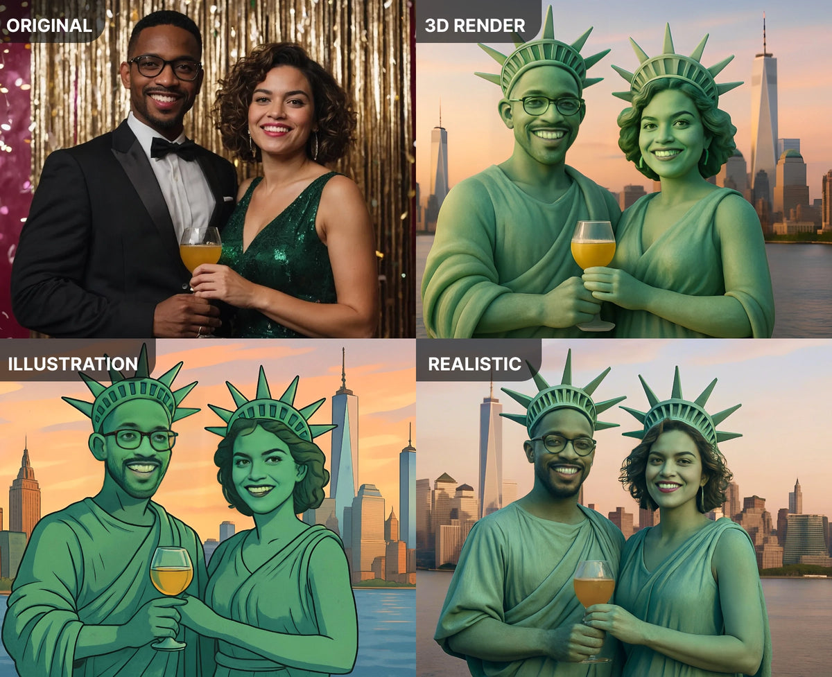 A couple transformed into Statue of Liberty portraits in illustrated, realistic and 3D styles