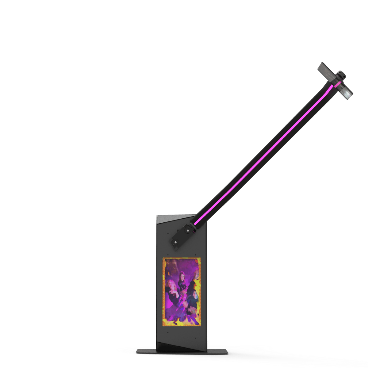 V-Motion 180 photo booth with extended arm and vibrant screen.