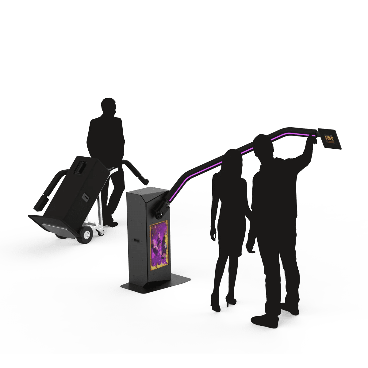 V-Motion 180 photo booth with extended arm and vibrant screen.