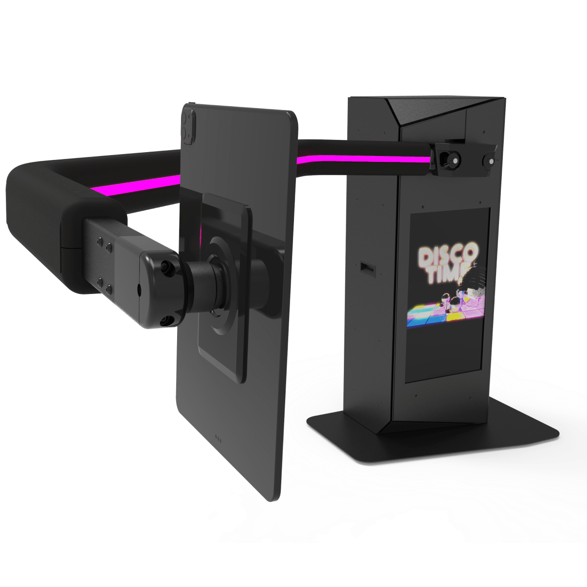 V-Motion 180 photo booth with extended arm and vibrant screen.