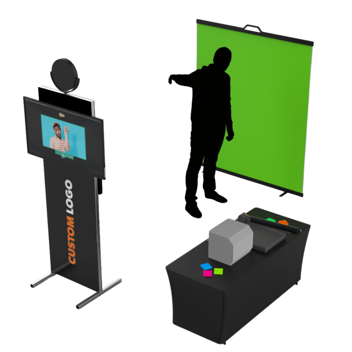 Video Flip setup with green screen, custom logo station, and equipment table.