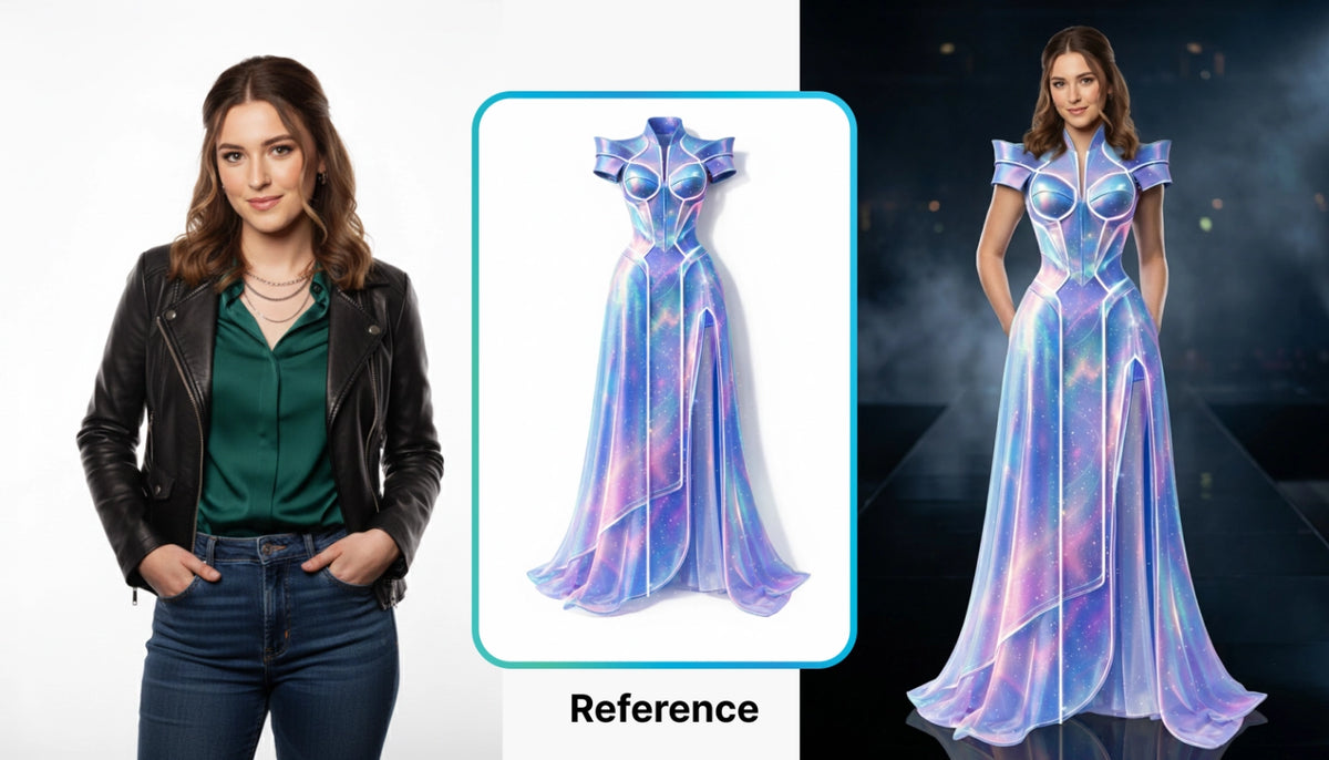 AI Combine dresses a guest in a gown supplied as a reference image