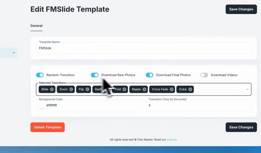 Selecting slideshow transitions and background colors in Foto Master Cloud