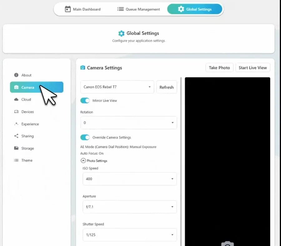 FMX global settings for connected photo booth hardware and Cloud features
