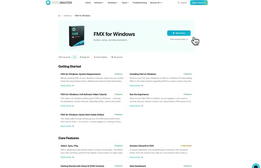 Browsing the FMX product hub in the Foto Master Knowledge Base