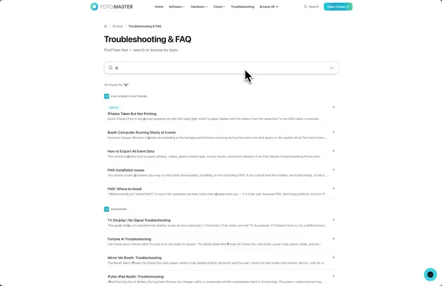 Searching troubleshooting articles in the Foto Master Knowledge Base
