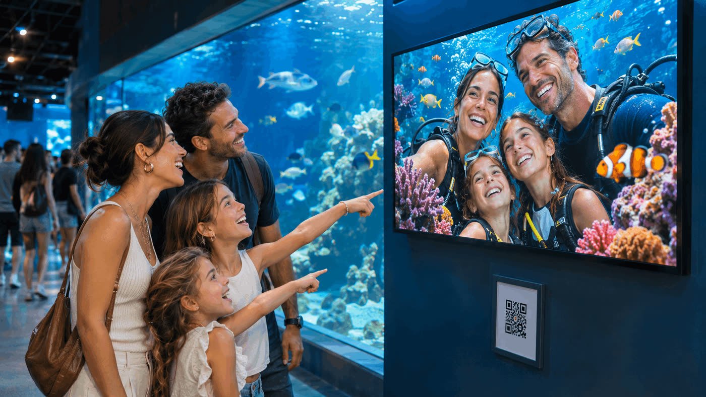 Family at an entertainment center pointing at their AI underwater photo on a wall screen