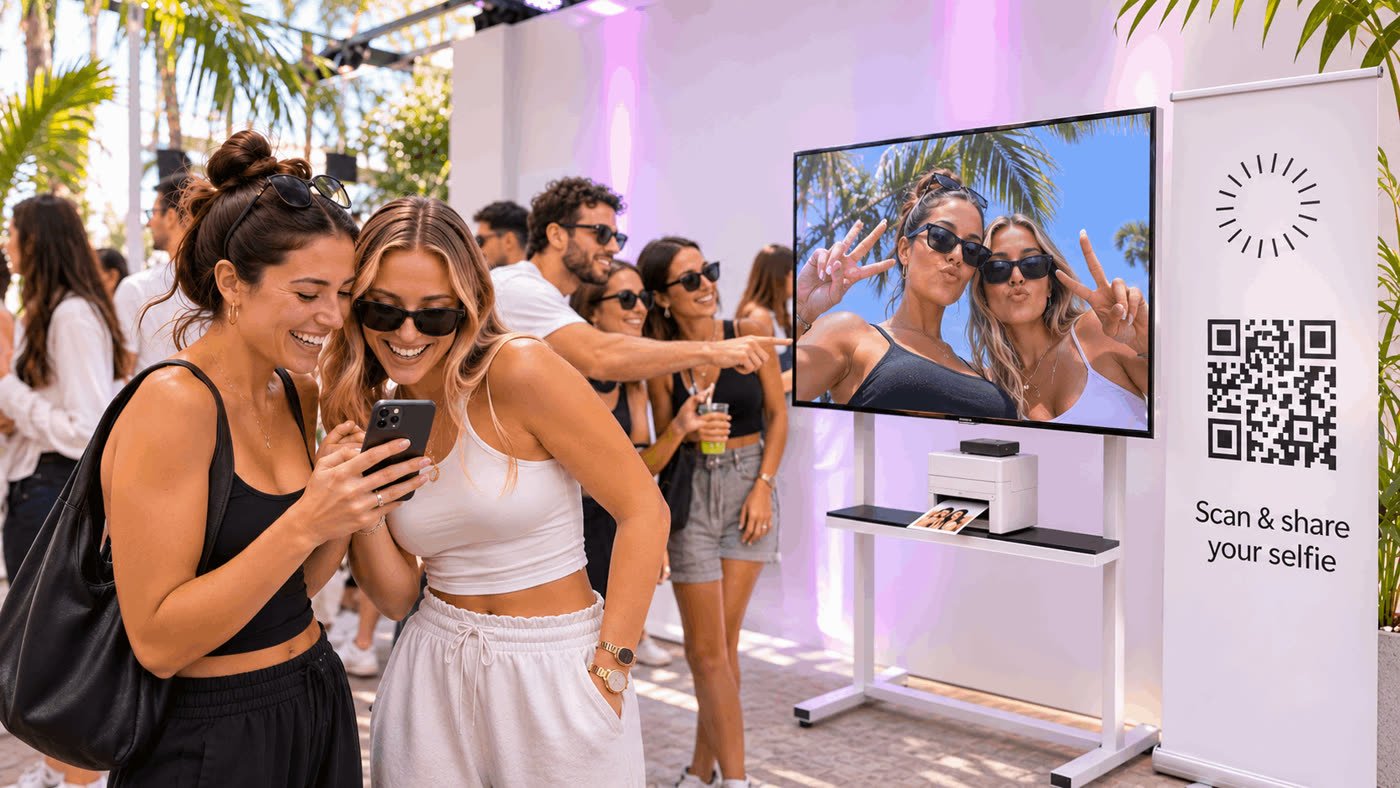 Friends at a brand activation looking at their photo on a screen beside a printer and QR sign