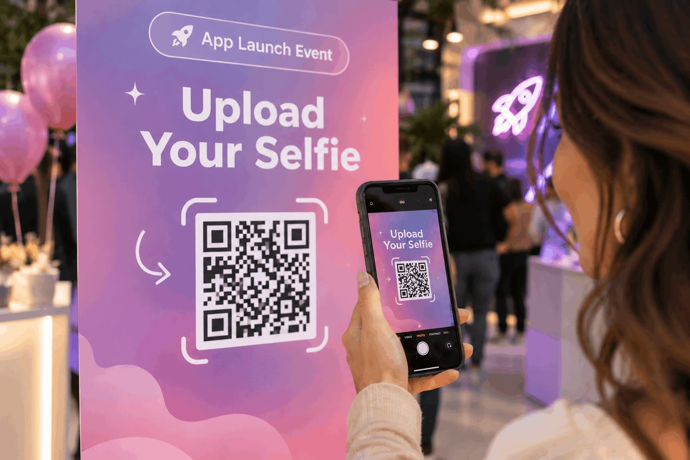 Guest scanning an Upload Your Selfie QR sign at an app launch event