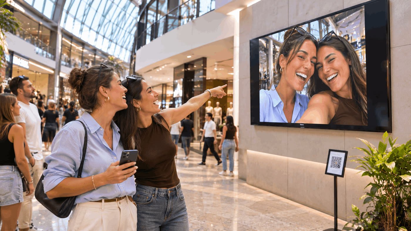 Shoppers in a mall pointing at their selfie on a wall screen with a QR stand