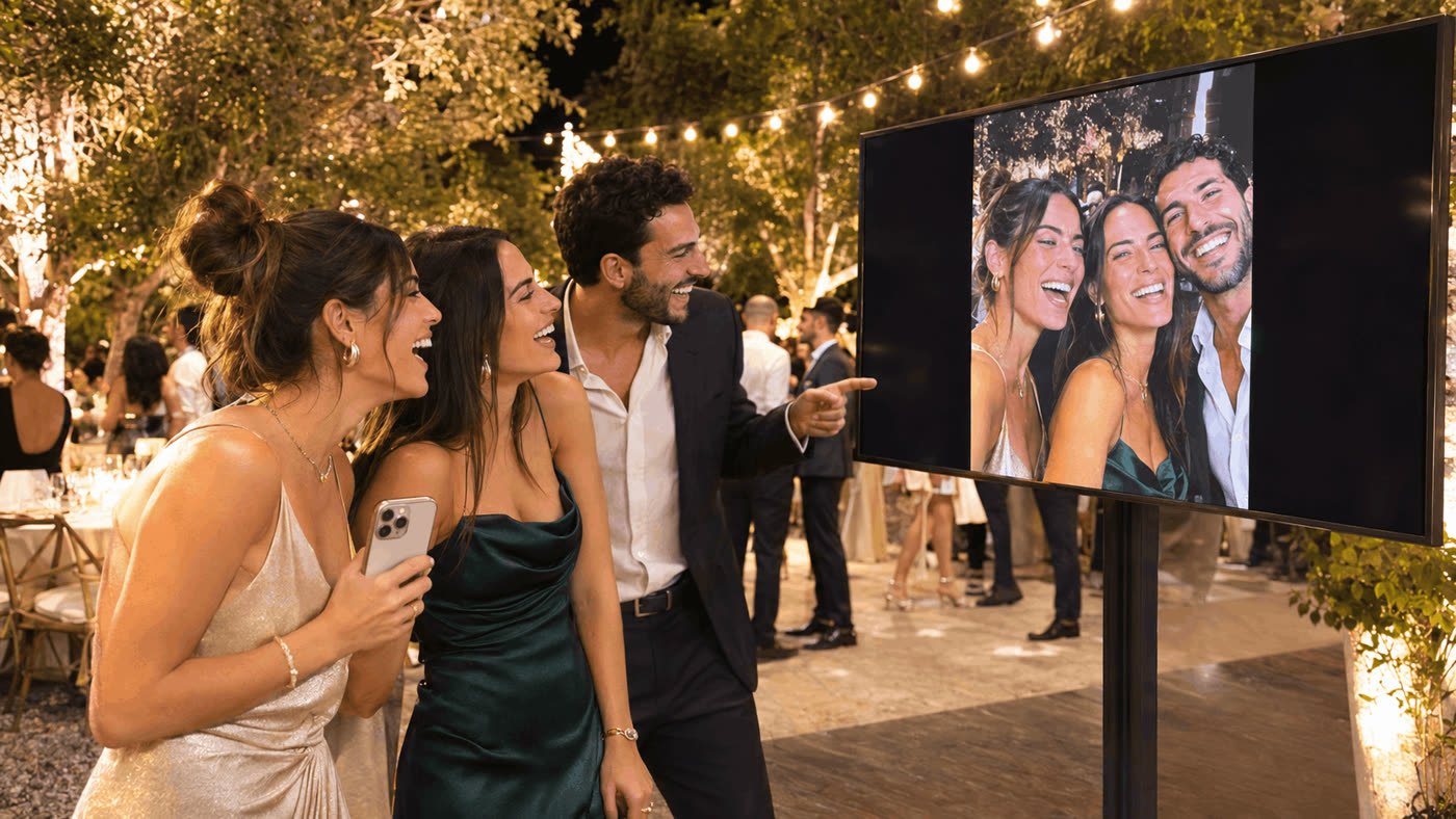Wedding guests pointing at their selfie on a big screen in a garden venue