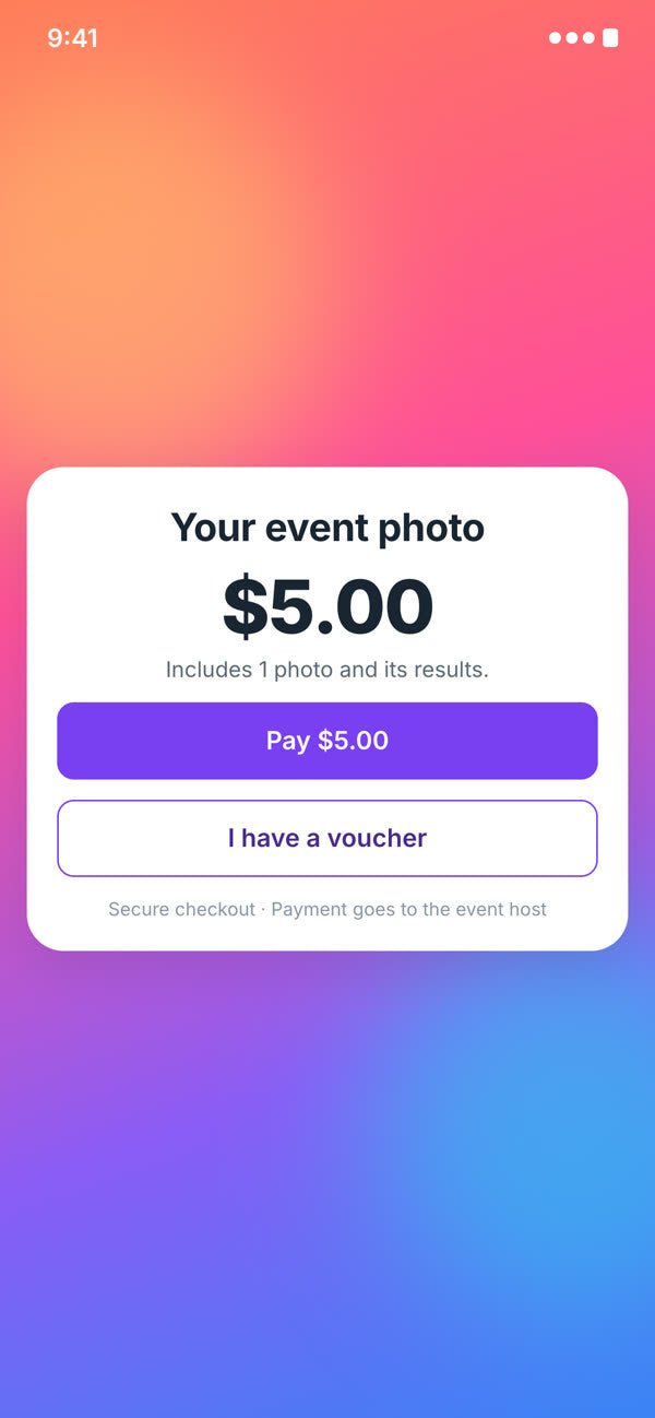 Payment screen asking the guest to pay $5.00 or use a voucher
