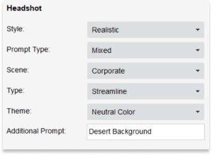 Screenshot of Foto Master Photo Booth software showcasing AI Headshots settings and prompt customization options.