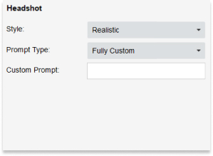 Screenshot of Foto Master Photo Booth software showcasing AI Headshots settings and prompt customization options.
